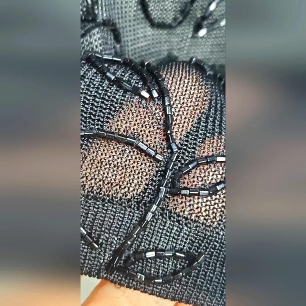 Oscar de la Renta Black Embellished Short Sleeve Top - Knit  Beaded - Picture 7 of 10